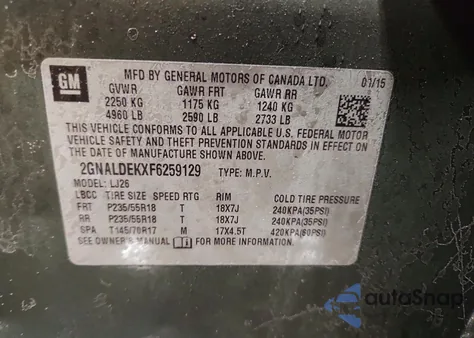 2015 Chevrolet Equinox Ltz z USA, uszkodzony, nr VIN 2GNALDEKXF6259129